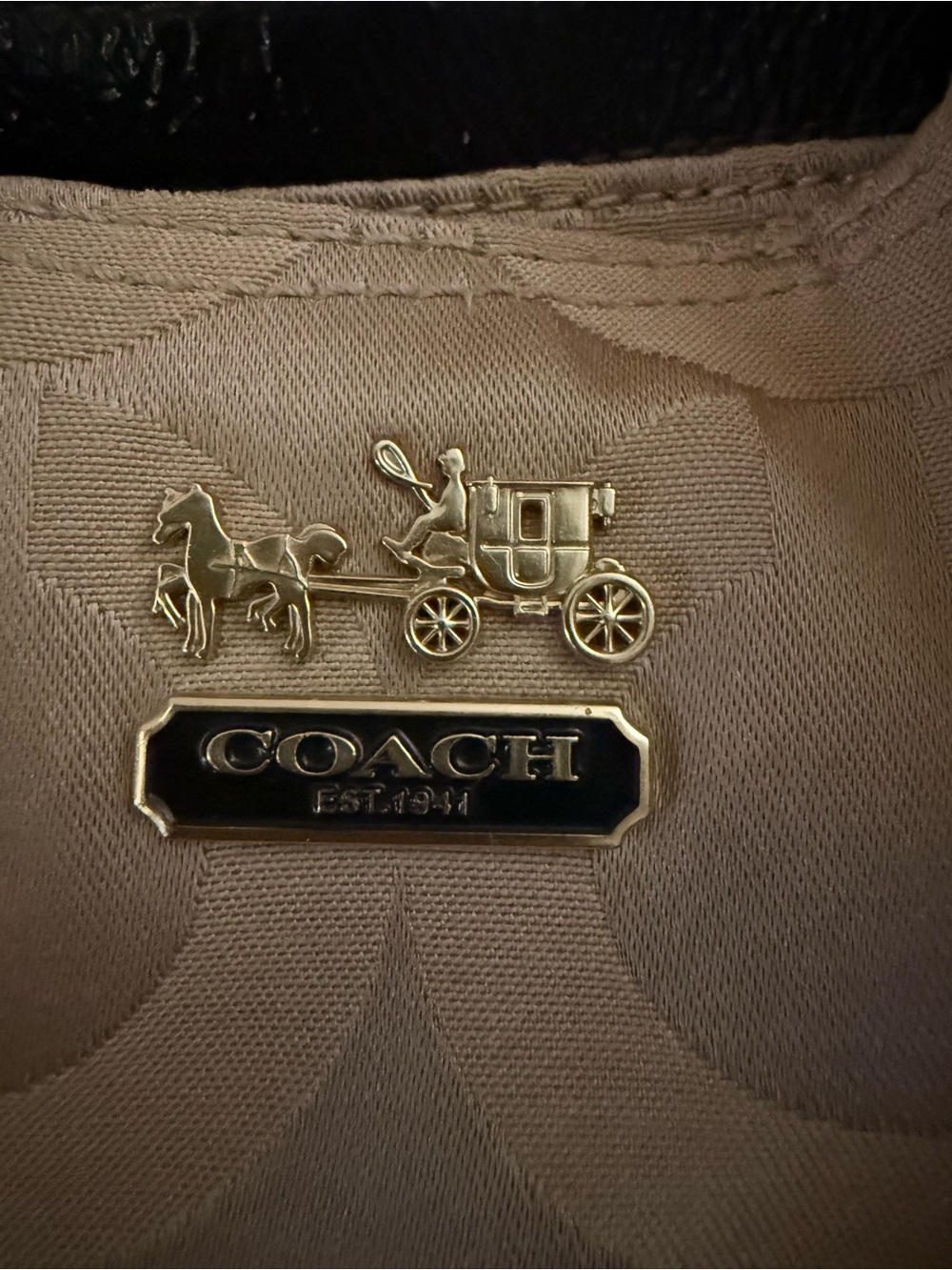 Coach Beige Signature Shoulder Bag with Dark Brown Leather Trim - Picture 2 of 6